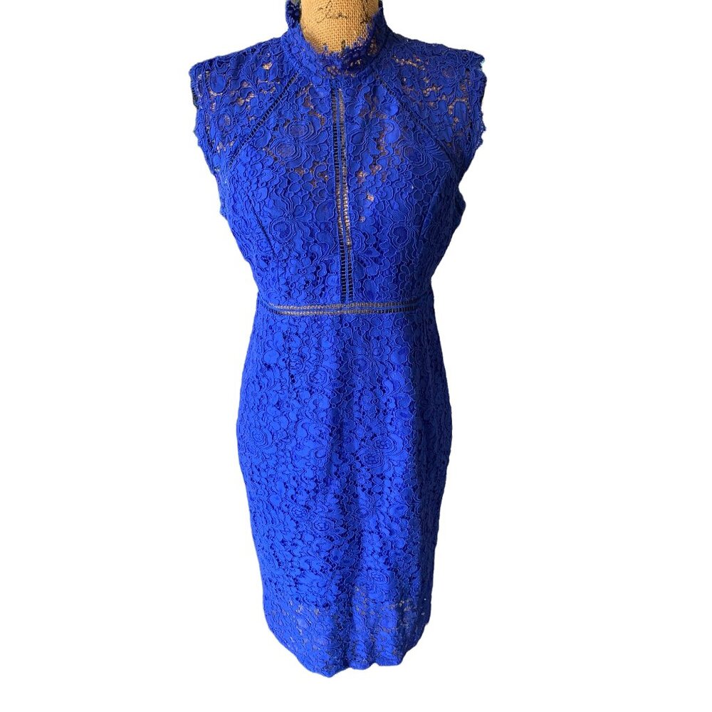 💰BOGO💰 Cobalt Blue Lace High Neck Mid Length Dress with Capped Sleeves sz 8